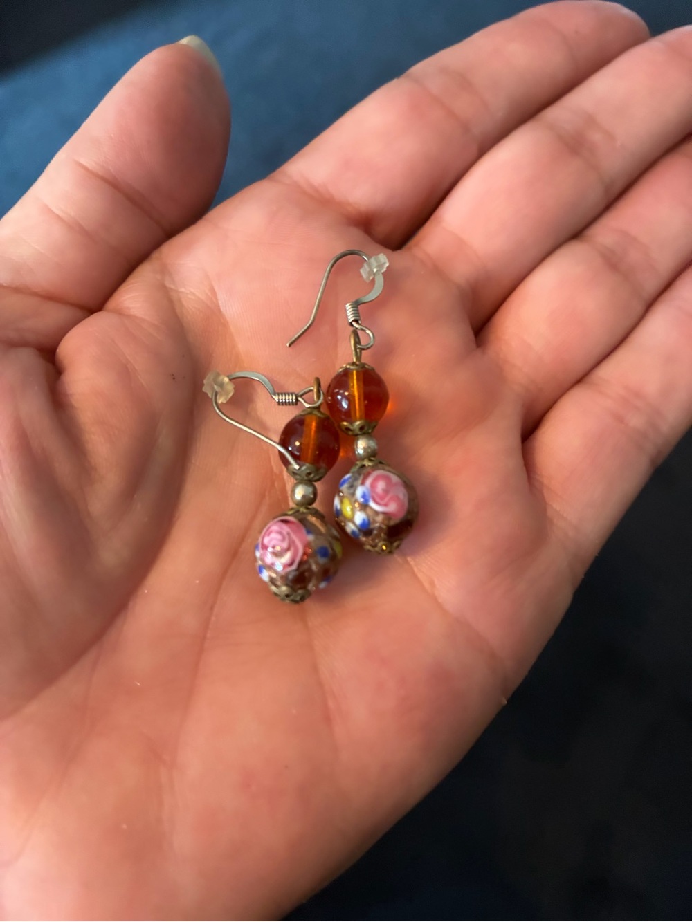Vintage Chinese Cloisonné Handmade Pink Rose and Amber Bead Drop Earrings